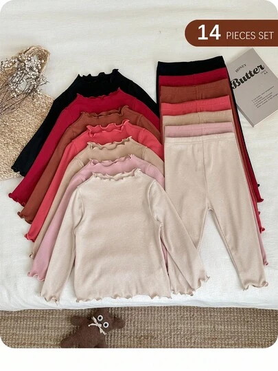 SHEIN Babygirl 休闲纯色针织长袖上衣和裤子套装