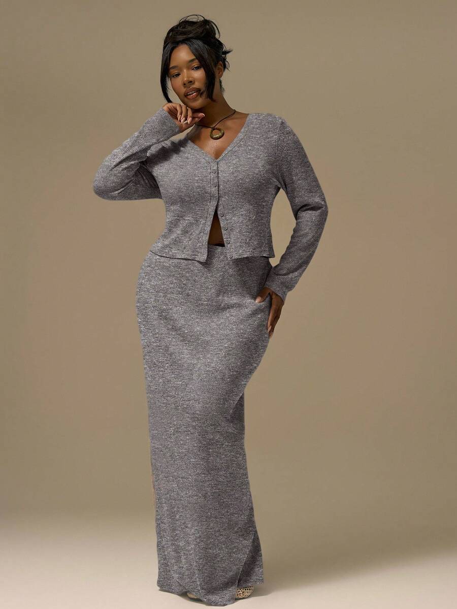 MUSERA Plus Size Maxi Knit Skirt Cute Summer Holiday Elegant Vacation Romantic Curve Farmhouse - Dark Grey - View 1