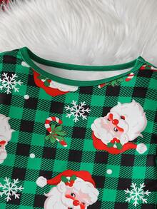 2 件青少年男童格子圣诞元素柔软舒适贴身圆领长袖睡衣套装 - 綠色 - 查看 6