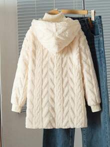 Sparklyn Tween Girls Casual All-Match Versatile Homewear Daily School Wear Cable Knit Striped Fuzzy Collar Open Front Mid-Length Autumn/Winter Jacket - Apricot - View 2