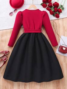 Tween Girl Floral 3D Decor Contrast Color Round Neck Long Sleeve Ruffle Hem Elegant Dress - Multicolor - View 7