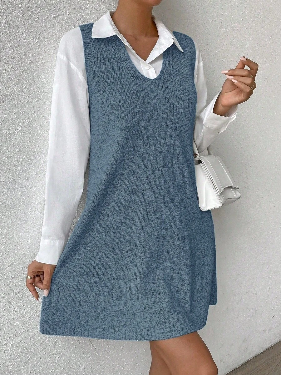 SHEIN LUNE 秋冬纯色无袖针织休闲连衣裙 - 霧霾藍 - 查看 1