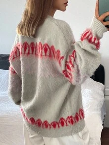 DAZY Women's Ombre Jacquard Loose Fit Crew Neck Long Sleeve Elegant Knit Sweater, Autumn/Winter