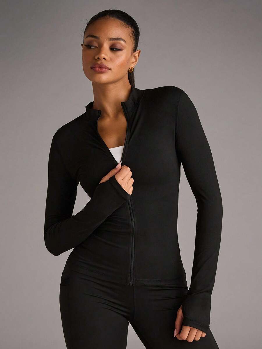 SHEIN BAE Solid Zip Up Sports Jacket With Thumb Holes