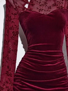 Elamini 女式天鹅绒拼布修身旗袍迷你连衣裙，中国风，适合圣诞节、秋冬季 - 酒紅色 - 查看 5