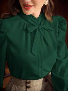 Vintamour 大码女装春秋时尚优雅舒适日常宽松复古杏色长袖纽扣衬衫，女式衬衫，教师服，办公室上衣，曲线衬衫，商务休闲女装，工作服女装，长袖上衣 - 墨綠色 - 查看 2