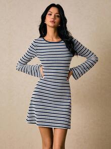 Poéselle Women's Striped Round Neck Long Sleeve Casual Mini Dress,Dresses For Women Elegant - Navy Blue - View 2