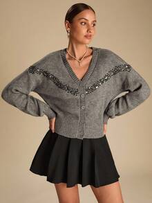 Enchnt Cardigan lavorato a maglia con scollo a goccia, maniche lunghe e perline, casual, adatto per l'autunno, da donna