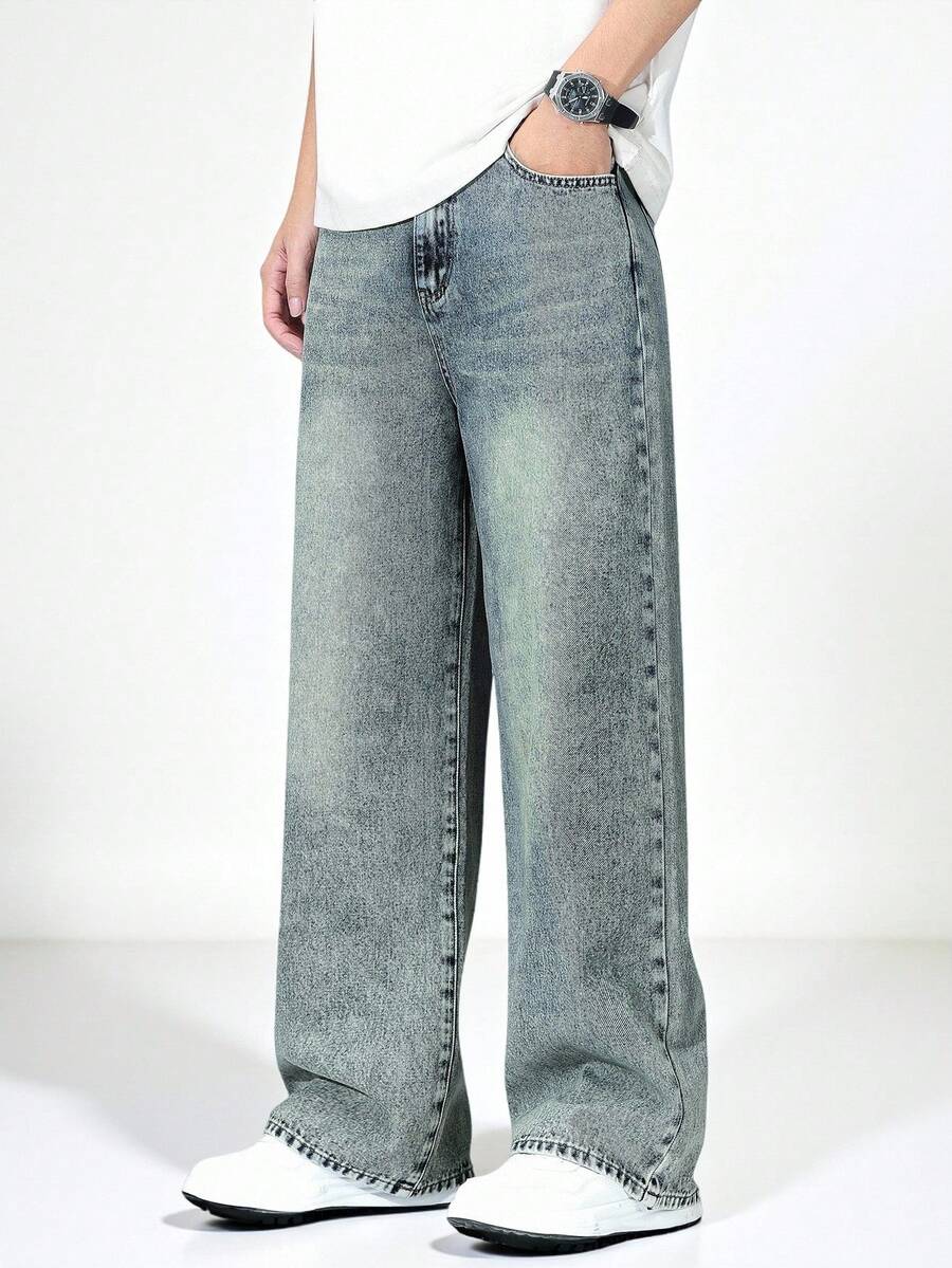 SHEIN 青少年男童新款水洗时尚宽松直筒牛仔裤,街头风休闲百搭牛仔裤,四季皆宜,秋冬季时尚有型。 - 中等水洗藍 - 查看 1