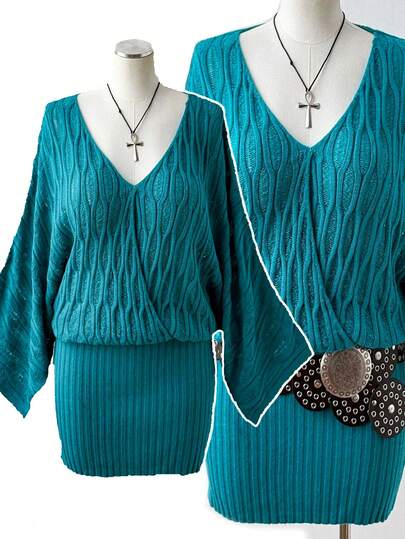 Sunspun 大码女式交叉 V 领波西米亚风格宽松蝙蝠袖针织毛衣裙，适合所有季节穿着，休闲、室内/室外、度假