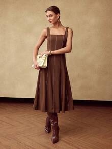 MOTF PREMIUM 女士结构化设计撞色边 A 字中长连衣裙 - 咖啡棕 - 查看 5