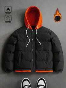 Manfinity Hypemode Men's Vacation Casual Contrast Color Patchwork Hooded Winter Coat, Fall/Winter - Black - View 7