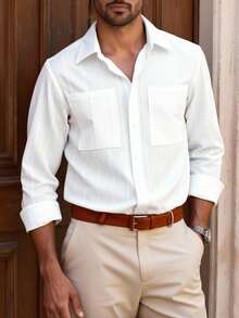Manfinity Bizformal Men's White Casual Long Sleeve Shirt,Autumn Vacation Solid Textured Dress Shirt With Dual Pockets,Simple Elegant Business Commute Striped Shirt - White - View 1