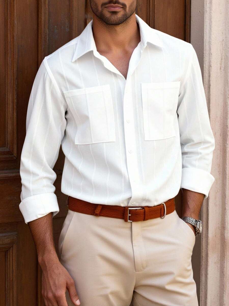 Manfinity Bizformal Men's White Casual Long Sleeve Shirt,Autumn Vacation Solid Textured Dress Shirt With Dual Pockets,Simple Elegant Business Commute Striped Shirt - White - View 1