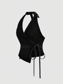 SHEIN PETITE Women's Fashionable Sexy Lace-Up Backless Halter Denim Crop Top - Black - View 5