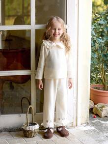 Vintaside Kids 2 pièces/Set Top à manches longues et pantalon avec broderie florale décontractée pour filles, convient pour le printemps, l'automne, l'hiver, la maison, les voyages, le port quotidien - Nude - Voir 6