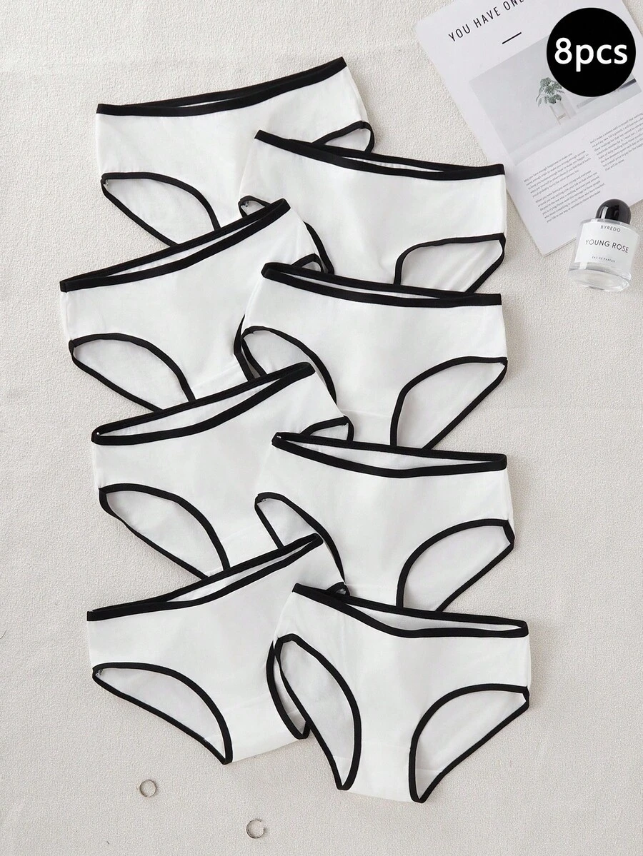 8pcs/Set Girls' Minimalist Fashion Thin Mid-Waist Lift Buttocks Panties - White - View 1