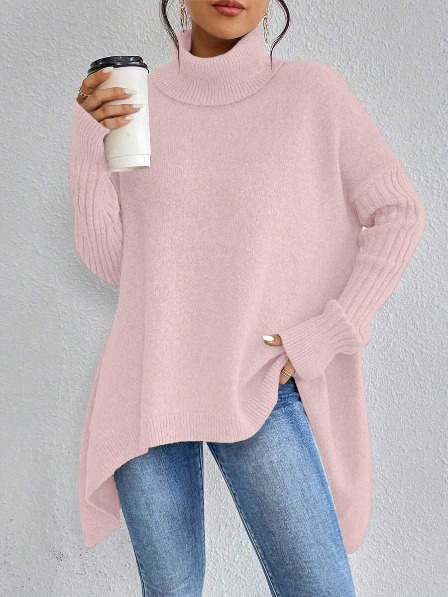 EMERY ROSE Women's Solid Color High Neck Drop Shoulder Long Sleeve Casual Loose Pullover Sweater, Autumn/Winter - Pink - View 1