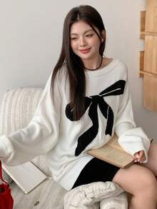 Dazy Plus Fashionable Loose Fit Bow Jacquard Scoop Neck Drop Shoulder Sweater For Young Women, Autumn/Winter - White - View 1