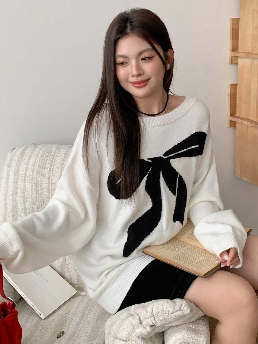 Dazy Plus Fashionable Loose Fit Bow Jacquard Scoop Neck Drop Shoulder Sweater For Young Women, Autumn/Winter - White - View 1