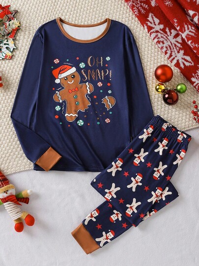 1 Set Teenager Jungen Weihnachts-Lebkuchenmann Muster Langarm-Top und Hose Pyjama Set