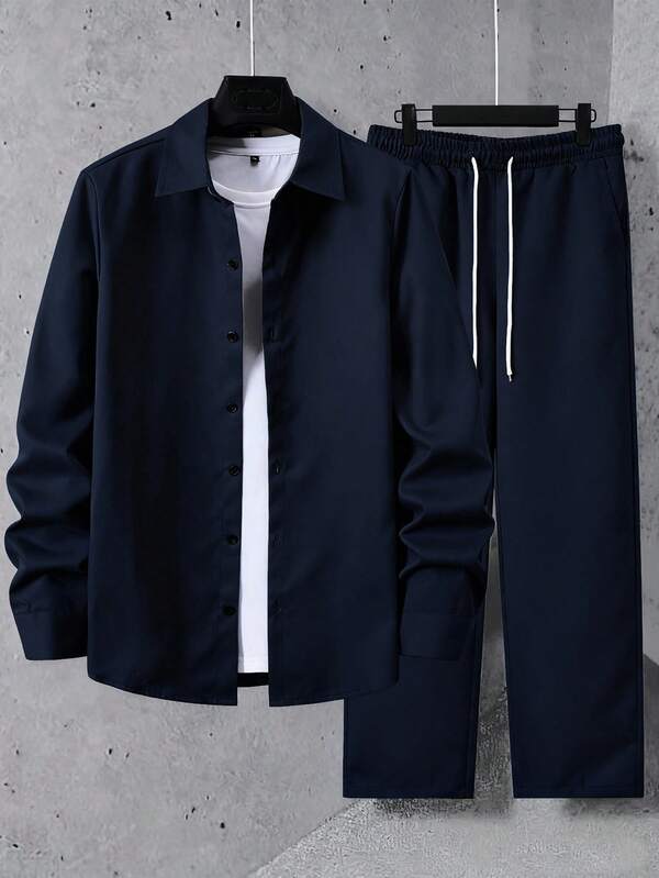 Manfinity Homme Men's Solid Color Long Sleeve Single-Breasted Shirt And Pants Casual 2 Pieces Set, Autumn Men Navy Blue 2 Piece Set Mens Co Ord Set Men 2 Piece Set Men Casual Sets Men Long Sleeve 2 Piece Set