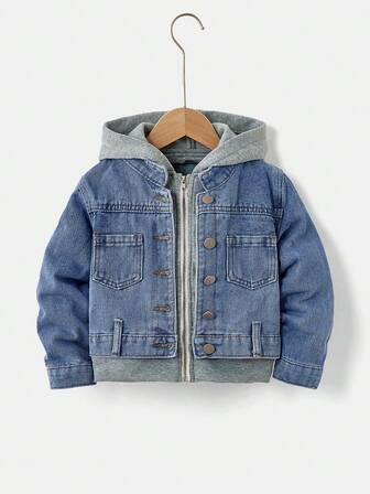 SHEIN Playful Pals 4-7 Years Old Boys' Hooded Denim Jacket. Fashionable Little Gentleman Layering Essential, Knit + Denim High-Level Player, One Piece Displays Three Layers, Light Gray Cotton Knit Faux Underlayer + Vintage Washed Denim Outer Shell, Born Layering Master, 3D Hood + Metal Zipper Front, Seamless Shoulder Stitching, Can Play All Day Without Skin Irritation. Fall Winter
