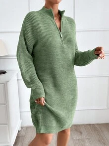 EURMUSE Women Plain Knit Design Knit Dress With Zipper Detail,Petite - Olive Green - View 2