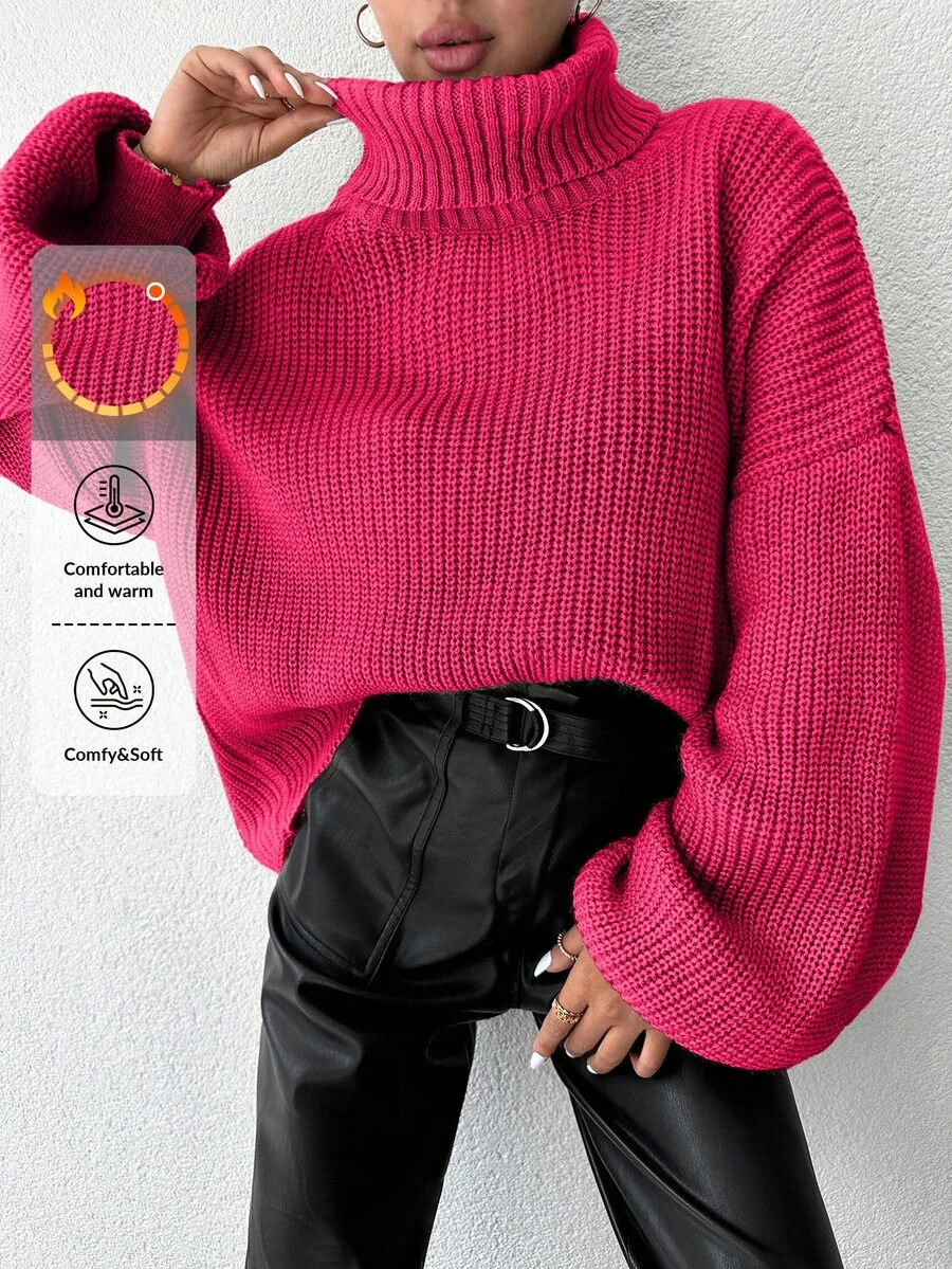 EURMUSE Women Casual Solid Color High Neck Drop Shoulder Loose Knit Sweater, Autumn/Winter - Hot Pink - View 1