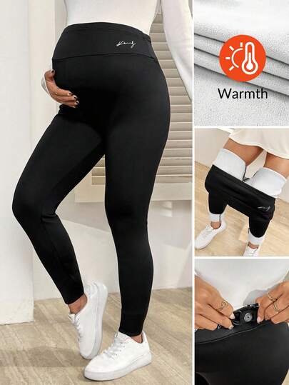 SHEIN Maternity Casual Solid Color Adjustable Waist Thermal Lined Warm Leggings, Winter