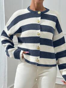 EURMUSE 女士条纹圆领前扣开衫