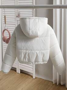 SHEIN 少女休闲短款连帽棉衣，保暖内衬，宽松版型，舒适，适合秋冬季日常穿着、户外、派对、拍照