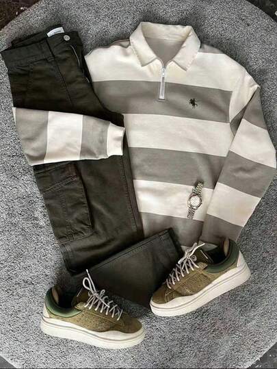 Manfinity Dauomo Jersey de manga larga con media cremallera y rayas de contraste, casual y versátil, para otoño