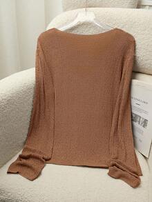 Franclia 女士休闲半透明V领开衫，混纺纱线针织开衫，春夏美拉德针织开衫，适合大学休闲春秋冬季穿着 - 棕色 - 查看 2