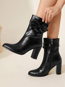 CUCCOO CHICEST Women's Autumn/Winter New Bowknot High Heel Side Zipper Ankle Boots, Versatile - Black - View 2