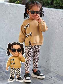 2pcs Baby Girl Casual Comfortable Versatile Leopard Print Bow Crew Neck Fleece Thick Sweatshirt And Leopard Print Leggings Tracksuit Set Fall Winter - Khaki - View 8