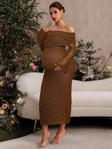 MaterniChic Elegant Party Solid Color Off Shoulder Flare Sleeve Maternity Dress Brown Pregnancy Photoshoot Women Long Off-Shoulder Midi - Brown - View 5