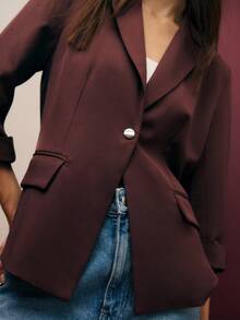 Nöista Elegant Burgundy Brown Tailored Blazer,Relaxed Fit Classic Lapels Three-Quarter Sleeves Summer Office Casual Fall Back To School Boho Holiday Blazer - Coffee Brown - View 5