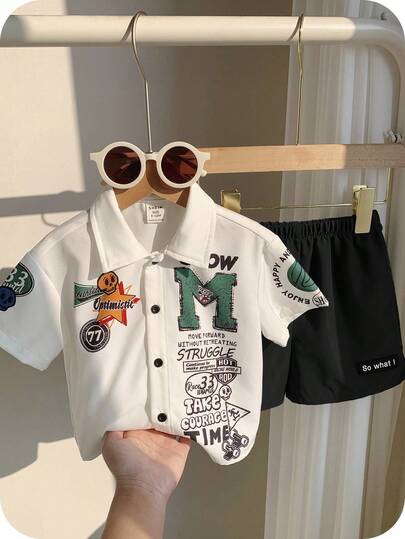 SHEIN 2pcs/Set Baby Boy & Baby Girl Casual Street Letter Graphic Short Sleeve Shirt & Elastic Waist Shorts, Suitable For Spring/Summer, Appropriate For Outdoor Activities & Street Wear