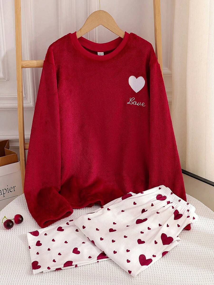 Teen Girl Pajamas, Teens Autumn/Winter Long Sleeve & Pants Set, Sweet Burgundy Velvet Fabric With Heart Embroidery & All-Over Heart Print Elegant Loungewear Teen Girls Heart Print Sleepwear - Red - View 1