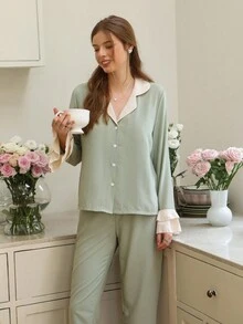 SHEIN 女士撞色荷叶边翻领纽扣睡衣套装，秋季服装 - 綠色 - 查看 4