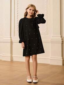 Mädchen einfaches Mode Alltags Rundhals Drop-Shoulder Langarm Locker Kurz Strukturierte Stoff 3D Perle Schleife Dekor A-Linie Kleid, Unerlässliches kleines Schwarzes Kleid für Teenager Mädchen im Herbst - Schwarz - Übersicht 3