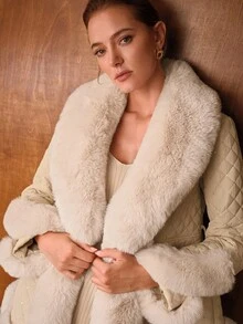 MOTF PREMIUM DAMEN PAILLETTEN PELZKRAGEN TAILLIERTER GÜRTEL GESTEPPTER WINTERMANTEL - Aprikosenfarben - Übersicht 6