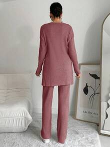 EURMUSE 2pcs Women Casual Side Slit Long Sleeve Top And Pants Set, Autumn - Dusty Pink - View 2