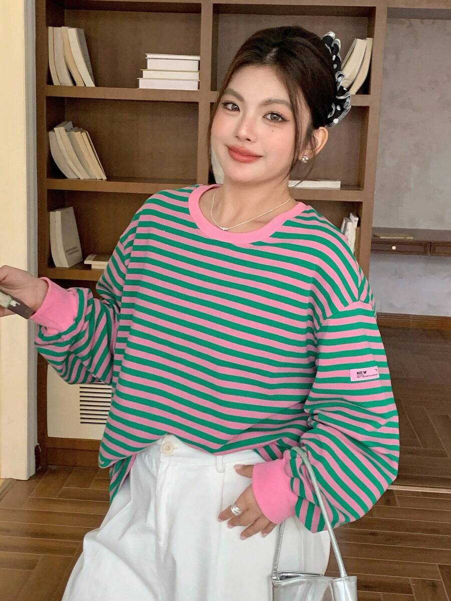Dazy Plus Contrast Color Block Striped Loose Casual Long Sleeve T-Shirt For Plus Size Women, Spring/Autumn - Green - View 1