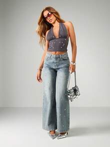 MISSGUIDED 阔腿高腰水钻铆钉牛仔裤 Y2K 时尚宽松个性牛仔裤节日派对闪亮装饰裤 - 淺色水洗藍 - 查看 3