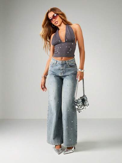 MISSGUIDED ワイドレッグラインストーンスタッズデニムパンツ｜MISSGUIDED