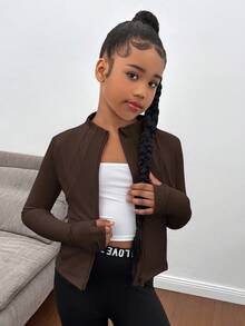 SHEIN Tween 女童拉链轻便运动夹克，修身运动外套，适合跑步、健身、瑜伽秋冬服装 Girlomen