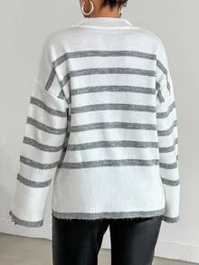 EURMUSE 女士條紋下肩針織衫 - 灰色 - 查看 2