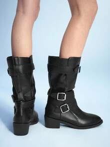 Sugerpunk 女式尖头粗跟扣带西部及膝靴，朋克哥特街头摩托车中筒靴 - 黑色 - 查看 1